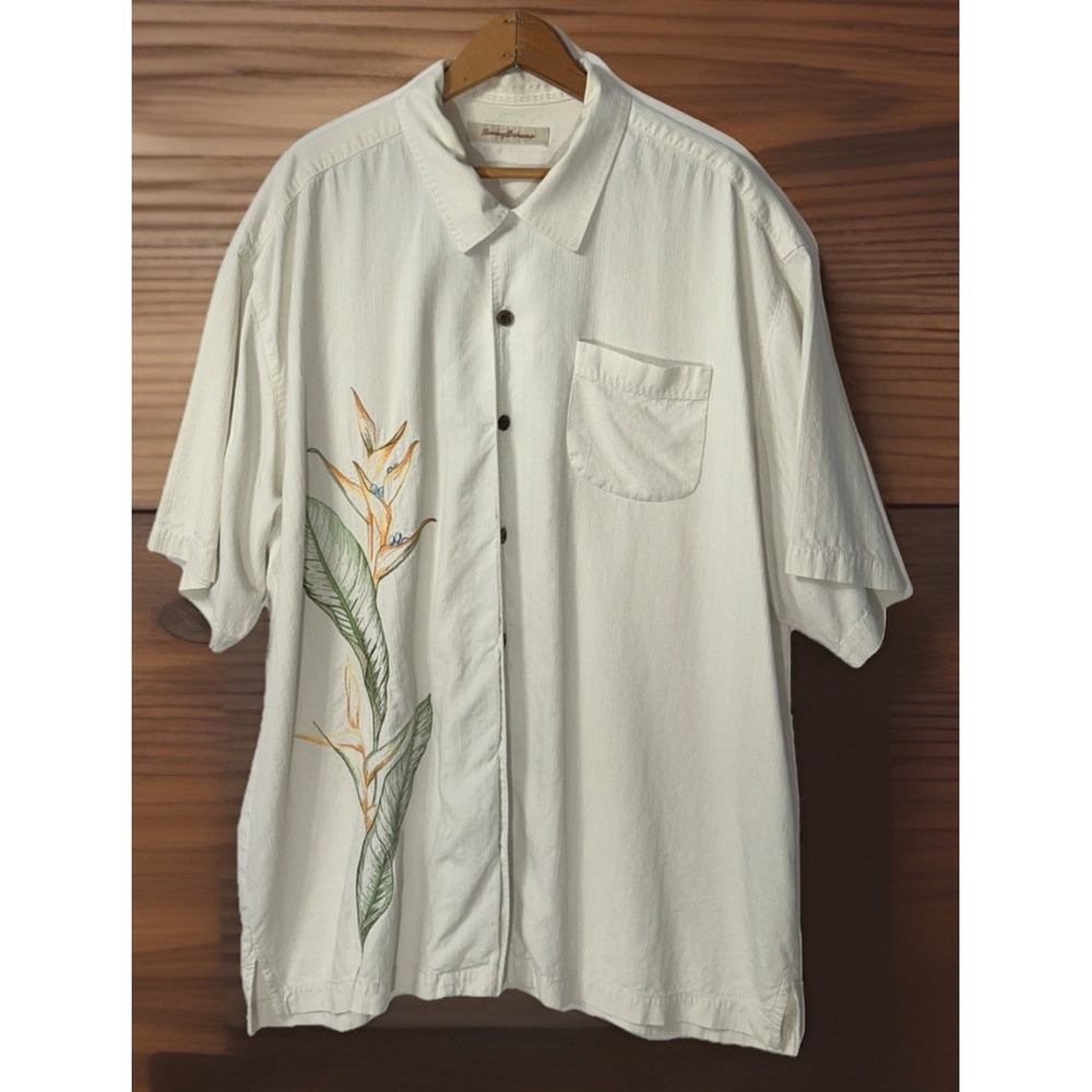 Mens Tommy Bahama 100% Silk Camp Shirt Embroidered Detail Vacation‎ Big Sz XLX